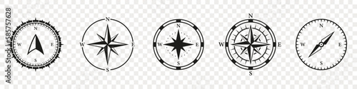 Compass Silhouette Icon Set. Navigational Orientation Equipment Glyph Pictogram. Windrose, Rose Wind Symbol. Adventure Direction to North, South, West, East Solid Sign. Isolated Vector Illustration