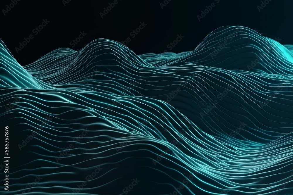 Abstract neon wave. Blue neon linear wave on black background. Modern abstract background. Generative AI