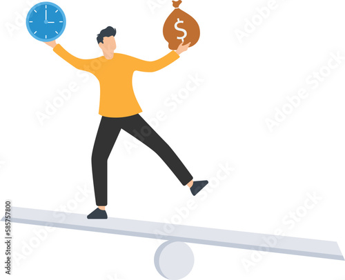 Man value time is money, Time value of money, money worth more important than future, inflation or earning cost, money depends on time, man stands on the balance stand or holding money sack and clock. photo