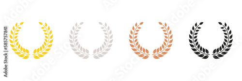 Winner Chaplet. Vintage Olive Leaves Emblem. Laurel Wreath Silhouette Icon Set. Gold, Silver, Bronze, Black Leaf Award Glyph Pictogram. Circle Tree Branch Success Symbol. Isolated Vector Illustration