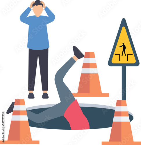 Business failure while taking risk, Failure or mistake causing catastrophe, problem or risk from crisis or recession, danger accident or business accident, business trouble, worried man fall down