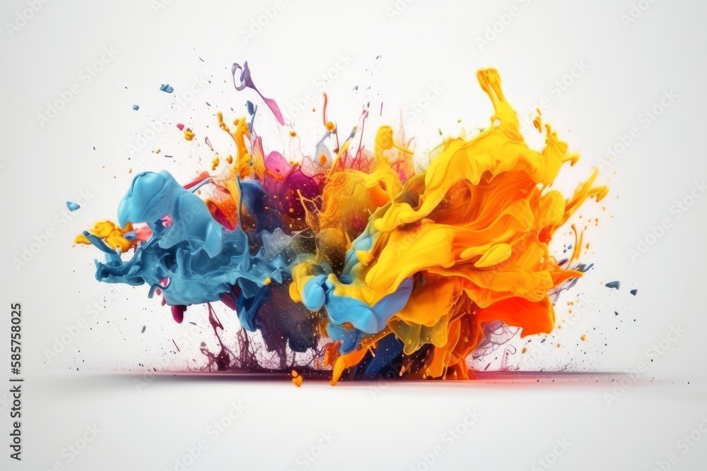 Explosion of colorful paint on white background in shape of splash and splashes, created with generative ai