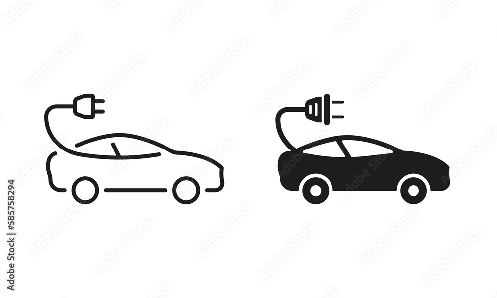 Electric Car with Plug Line and Silhouette Icon Set. Hybrid Eco Auto Transport. Electricity Energy Car Symbol Collection on White Background. Ecology Automobile Sign. Isolated Vector Illustration