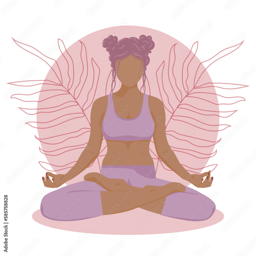 Faceless illustration. A black girl with purple hair in a purple tracksuit is meditating. Lotus position. On a pink background with tropical leaves. Flat style vector. Design for poster, postcard, yog