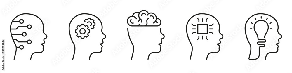 Human Head and Digital Science Black Line Icon Set. Brainstorm, Cyber Education Symbol on White Background. Intelligent Technology Linear Pictogram. Editable Stroke. Isolated Vector Illustration Human Head and Digital Science Black Line Icon Set. Brainstorm, Cyber Education Symbol on White Background. Intelligent Technology Linear Pictogram. Editable Stroke. Isolated Vector Illustration