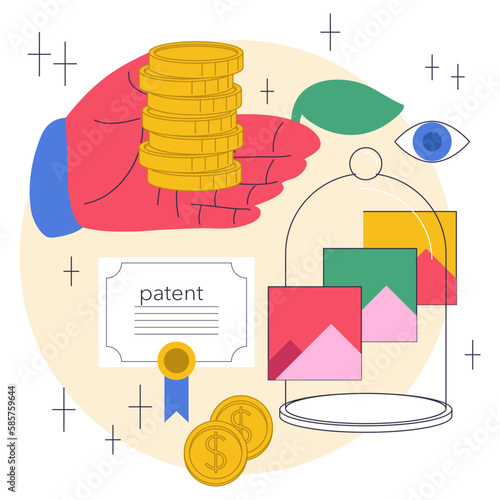 Passive income. Character making money by selling illustration for stocks.