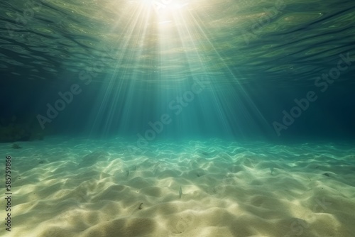 Underwater view of the rocks  sand and stones. The sandy and rocky bottom of the sea with some sun rays. Generative ai