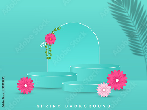 3D abstract pedestal podium background with colorful flowers for Spring vector illustration.