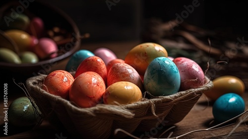 The Easter egg image features dynamic colorful  eggs in an abstract background. Pastel hues  soft lighting  reflective surfaces  subtle textures  and high resolution make this hyper-detailed image.