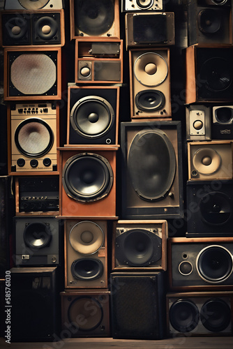 Generative AI image background of a large stack of wooden vintage music audio speakers.