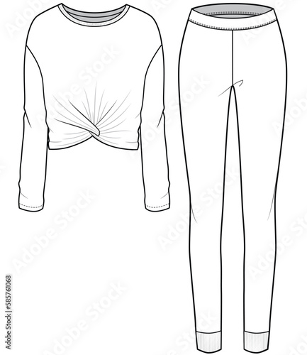 womens long sleeve front twist t shirt top and leggings flat sketch vector illustration lounge wear set technical cad drawing template