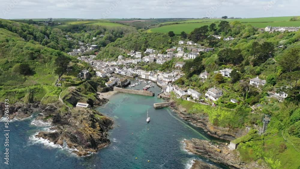 Aerial of Polperro fishing village in Cornwall, England, United Kingdom, Europe Aerial of Polperro fishing village in Cornwall, England, United Kingdom, Europe