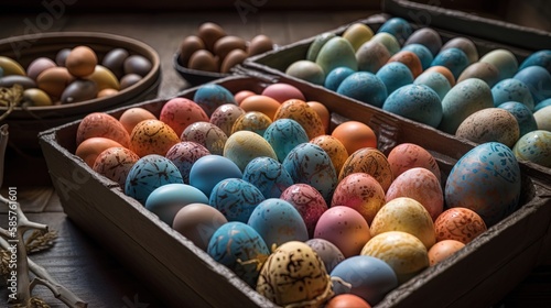 The Easter egg image features dynamic colorful eggs in an abstract background. Pastel hues, soft lighting, reflective surfaces, subtle textures, and high resolution make this hyper-detailed image.
