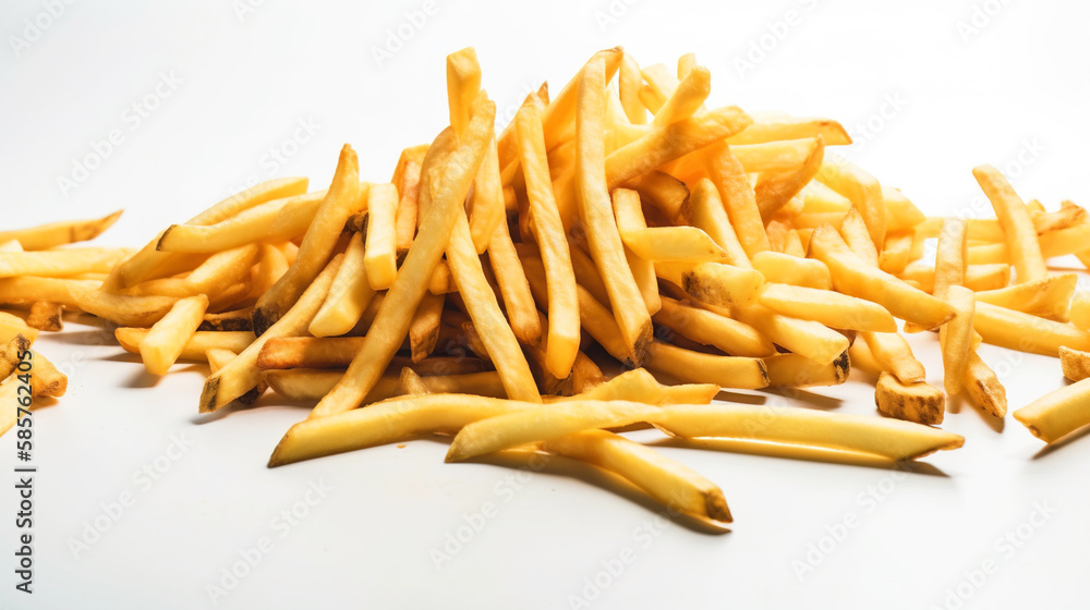 Fototapeta premium Fried hanging french fries with salt in a pile on a white background isolate. AI generated.