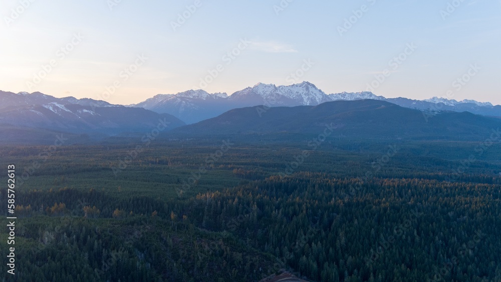 Aerial view of the Olympic Mountain Range of Washington State at sunset
