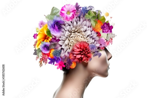 Mental health day  female head made of colorful flowers. Fictional person created with generative AI.