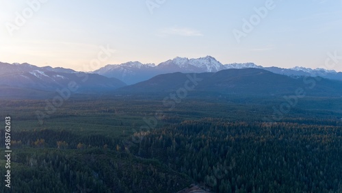 Aerial view of the Olympic Mountain Range of Washington State at sunset