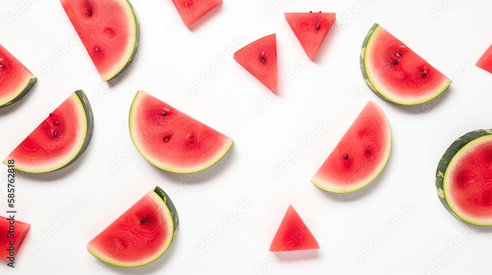 Group of slices of red fresh watermelon on a white background. Healthy food ecological product. AI generated. Group of slices of red fresh watermelon on a white background. Healthy food ecological product. AI generated.