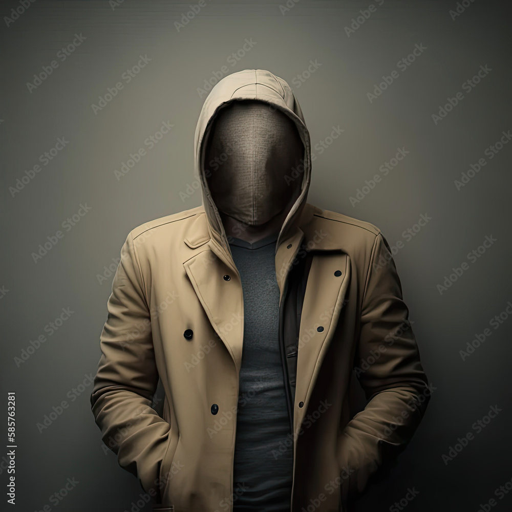 Generated photorealistic portrait of a man in a jacket and hood with a mask covering his face Generated photorealistic portrait of a man in a jacket and hood with a mask covering his face