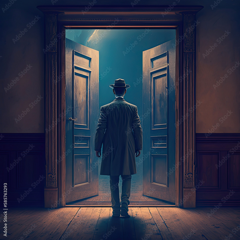 Generated image of a man in an old-fashioned raincoat and hat in front of open doors