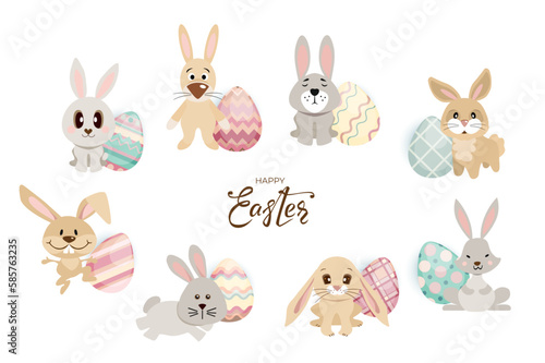 Happy Easter bunnies banner with rabbits, eggs and hand drawn lettering text. Set of cute hares in different poses on white background. For greeting cards, banners, invitation. Vector illustration.
