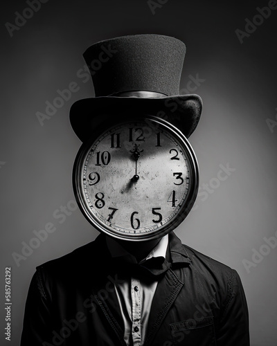 Generated concept photo of a man with a watch under his hat instead of a head