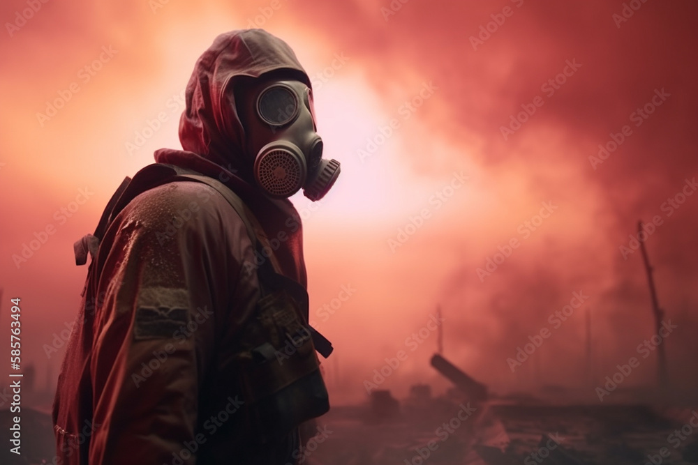 Post apocalyptic survivor in gas mask. Environmental disaster, armageddon concept. Generative ai. Post apocalyptic survivor in gas mask. Environmental disaster, armageddon concept. Generative ai.