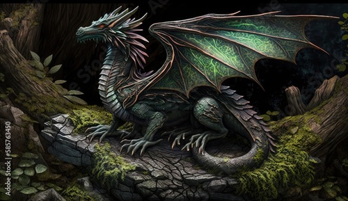 Forest dragon with wings sitting on stone in green woods. Postproducted generative AI digital illustration.