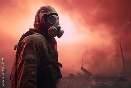 Post apocalyptic survivor in gas mask. Environmental disaster, armageddon concept. Generative ai.