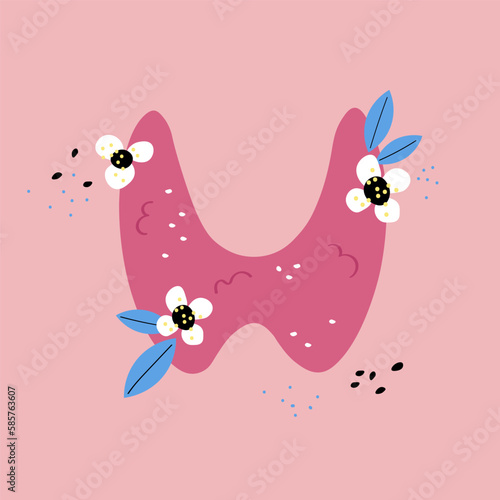 Vector illustration of thyroid gland, endocrinology. Human body organs anatomy icon with flowers. Thyroid day. Medical concept. Flat style cartoon photo