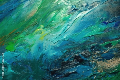 an abstract painting with blue, green and yellow colors. Generative AI