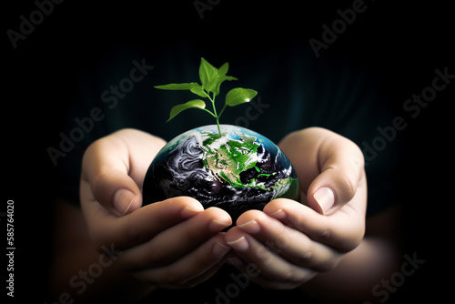 World environment and earth day concept with hand holding plant. Generative ai.