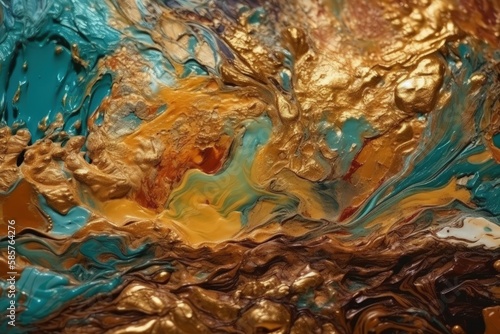 close-up view of a painting with vibrant gold and blue colors. Generative AI