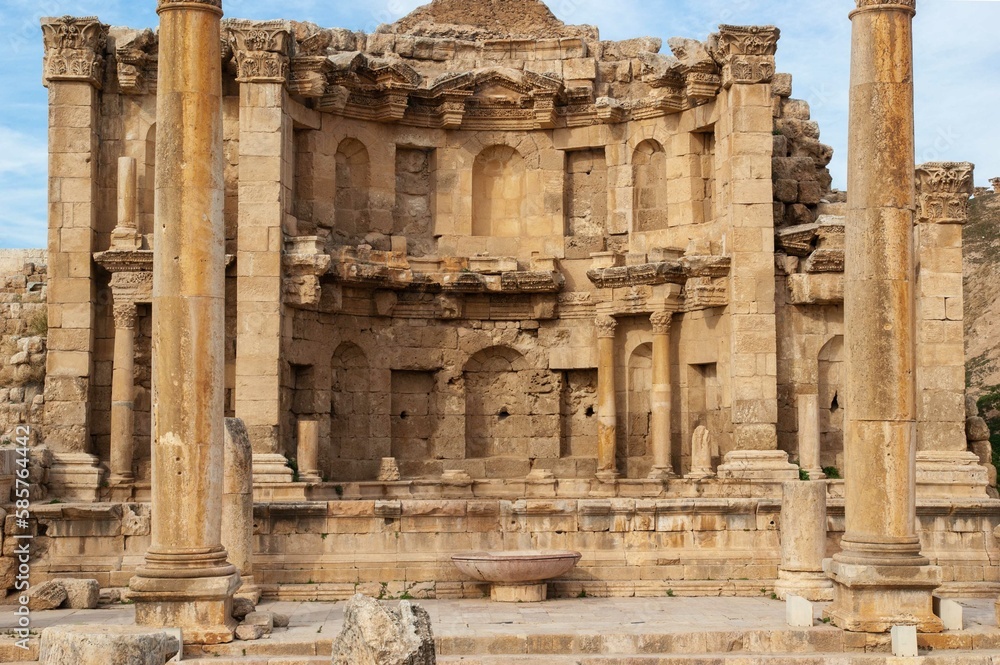 Jordan. Monumental two-tiered fountain of 2nd century AD. - Nymphaeum. Fountain is one of best preserved places of Gerasa. Gerasa (Jerash) is ancient city that is six and half thousand years old.
