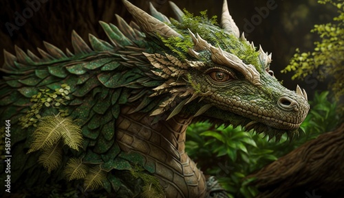 Ancient forest dragon covered with green plants. Postproducted generative AI digital illustration. © MstAsma
