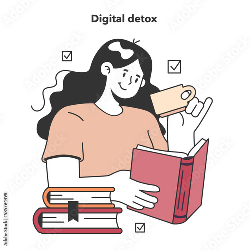 Digital detox. Female character taking a break from digital device.