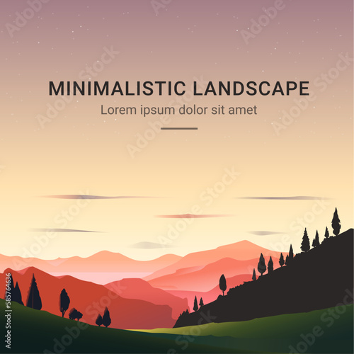 Minimalistic vector landscape with silhouettes of mountains and trees at sunset. Illustration for website or print.  (ID: 585764636)