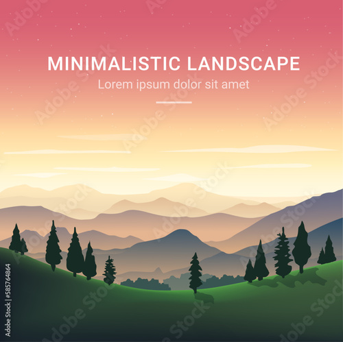 Minimalistic vector landscape with silhouettes of mountains and trees at sunset. Illustration for website or print.  (ID: 585764864)