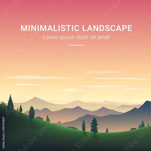Minimalistic vector landscape with silhouettes of mountains and trees at sunset. Illustration for website or print.  (ID: 585764867)