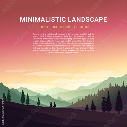 Minimalistic vector landscape with silhouettes of mountains and trees at sunset. Illustration for website or print.  (ID: 585764877)