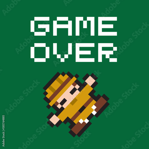 探検家ドット絵　ゲームオーバー 緑背景