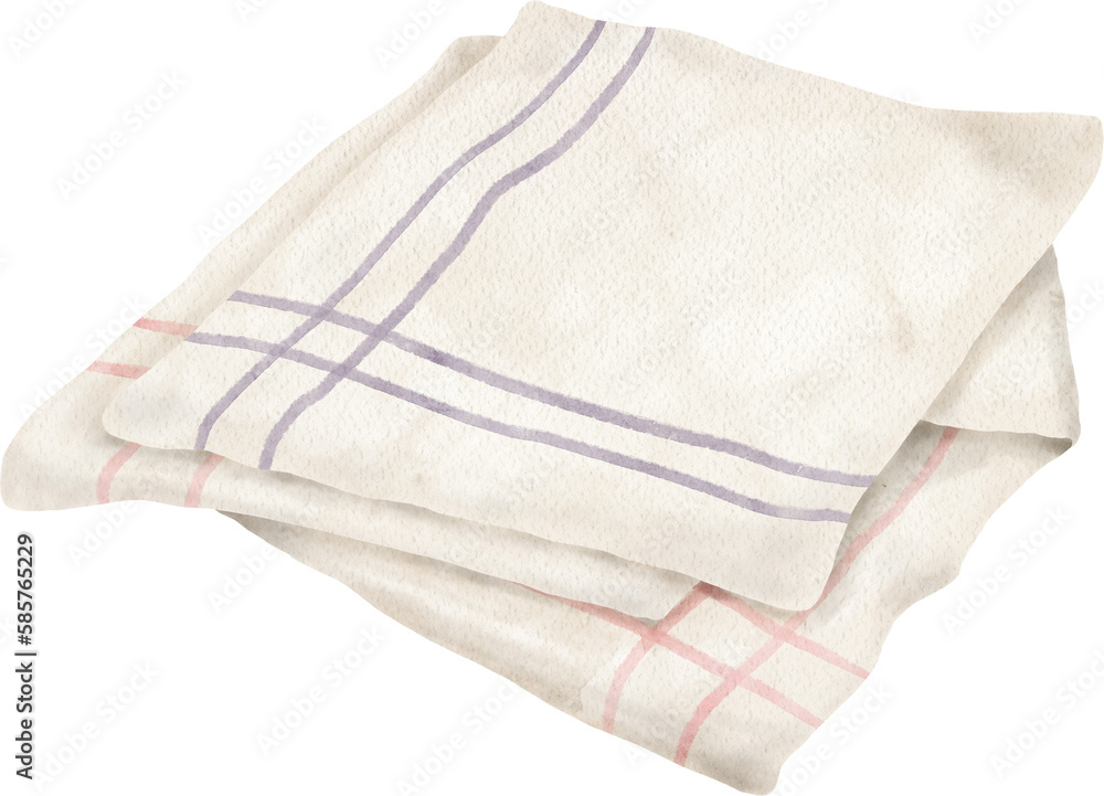 Watercolor kitchen towel illustration. Hand drawn white striped textile napkin isolated on transparent background. Folded dish towel sketch for culinary blog, cookbook, recipes