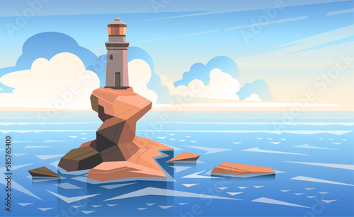 Vector illustration with a lighthouse at sea. Sunset, sunny good weather. Sun and clouds on the horizon. Illustration for website or print. (ID: 585765400)