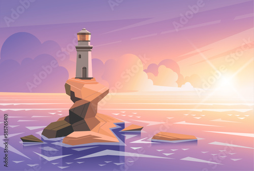 Vector illustration with a lighthouse at sea. Sunset, sunny good weather. Sun and clouds on the horizon. Illustration for website or print. (ID: 585765410)
