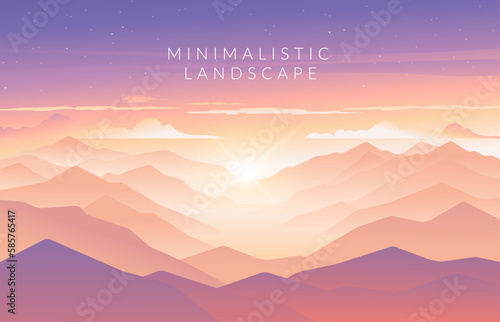 Minimalistic vector landscape with silhouettes of mountains and trees at sunset. Illustration for website or print.  (ID: 585765417)