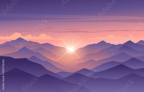 Minimalistic vector landscape with silhouettes of mountains and trees at sunset. Illustration for website or print. 