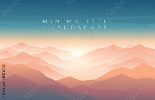 Minimalistic vector landscape with silhouettes of mountains and trees at sunset. Illustration for website or print.  (ID: 585765430)