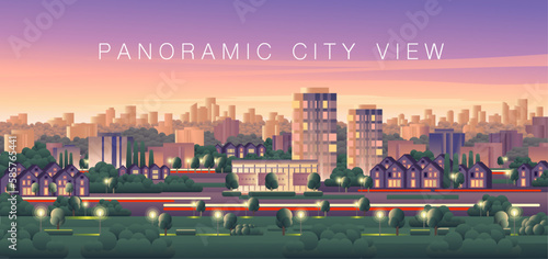 Panorama of the city at sunset. Lots of houses and a green park. Vector illustration. Illustration for website and print. (ID: 585765441)