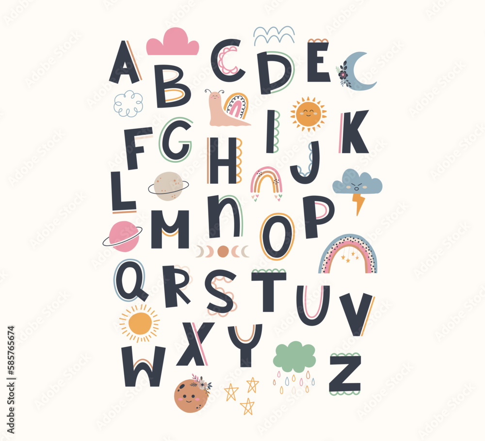 Cute hand draw alphabet in boho style. Cartoon doodle clipart elements for nursery. Design for shower invitation card, birthday, children's party, book cover, poster Cute hand draw alphabet in boho style. Cartoon doodle clipart elements for nursery. Design for shower invitation card, birthday, children's party, book cover, poster