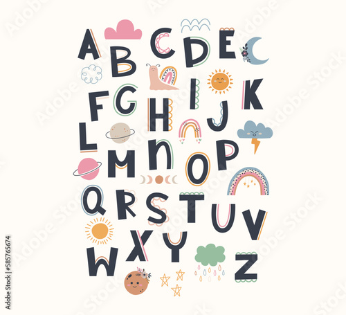 Cute hand draw alphabet in boho style. Cartoon doodle clipart elements for nursery. Design for shower invitation card, birthday, children's party, book cover, poster